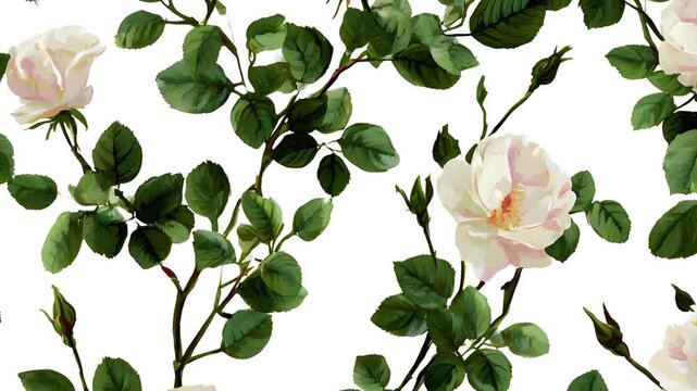 Pattern motion background loop featuring white roses and twisted ropes. Beautiful floral video backdrop with green leaves and elegant blooming ivory flowers.