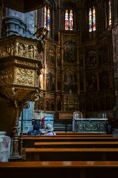Interior View of the Cathedral of Avila Main Altar and Pulpit in Spain