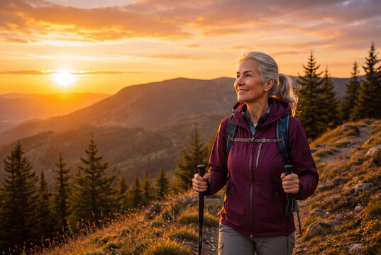 Active Senior Woman Hiking on Scenic Mountain Trail with Trekking Poles