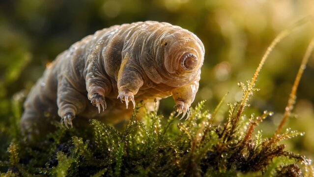 Extreme Macro Shot of a Tardigrade Water Bear Crawling on Moss. Concept of microorganism, micro photography. Copy space.