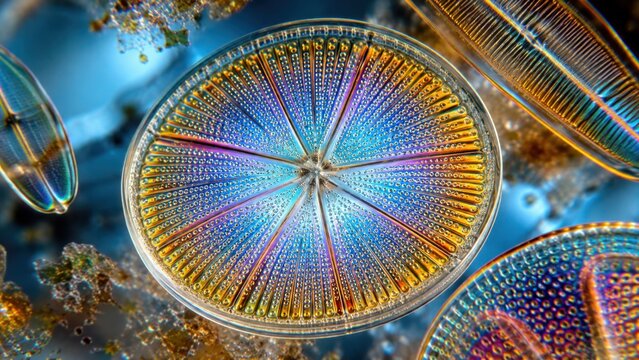 Microscopic View of Colorful Diatom Algae Shell Under Light Microscope. Concept of microphoto, micro.