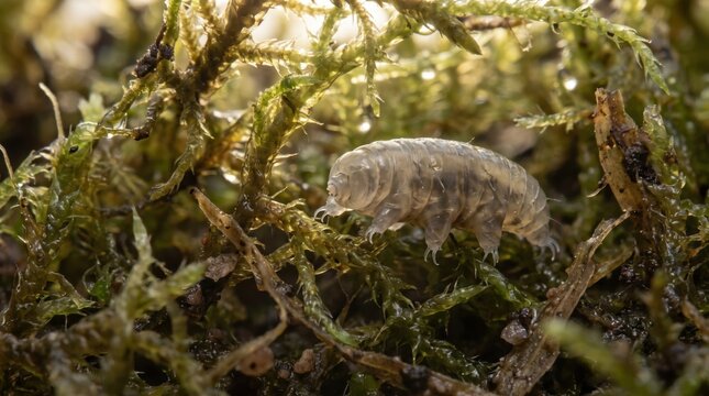 Microscopic Tardigrade Water Bear Crawling in Green Moss Macro Shot. Concept of microorganism, macro photography.