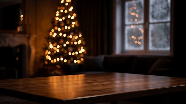 Empty dark wooden table with blurred christmas tree and lights in interior background