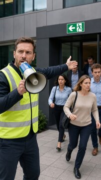 Man in safety vest directing office workers during emergency evacuation. Safety marshal using megaphone outside a modern building with exit sign. Business disaster preparedness concept. Vertical