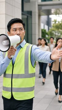 Asian man in safety vest directing people with megaphone during emergency evacuation. Workplace safety officer leading crowd to a safe exit in an urban building. Vertical