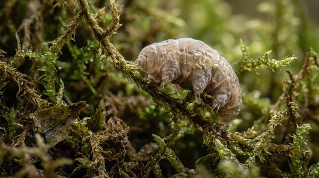 Extreme Macro Shot of Tardigrade Water Bear Crawling on Moss Stem. Concept of microscopic organism.