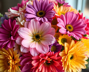 Obraz premium Bouquet de gerberas roses et violets aux centres jaunes capturé en gros plan, mettant en valeur la richesse des couleurs et la texture délicate des pétales dans un arrangement floral naturel et harmon
