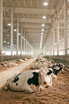 Advanced modern high tech dairy cow stable interior with automated agriculture feeding lines and eco friendly facility architecture
