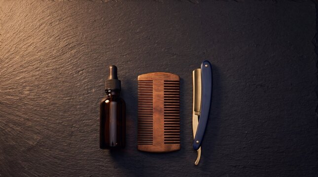 Grooming essentials flat lay, an elegant arrangement of luxury mens grooming items on a dark slate surface
