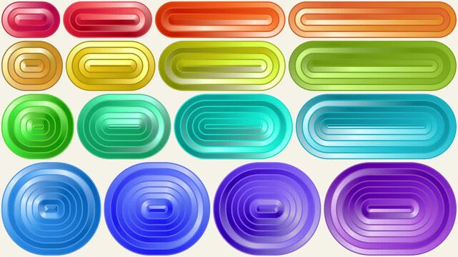 Geometric pattern of rainbow button shapes squashing and stretching. Seamless loop. Modern colorful abstract motion background.