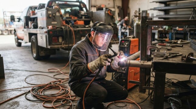 Mobile welding technician joining stainless steel pipe to a steel frame beside a utility truck with torch, clamps, cables, and sparks