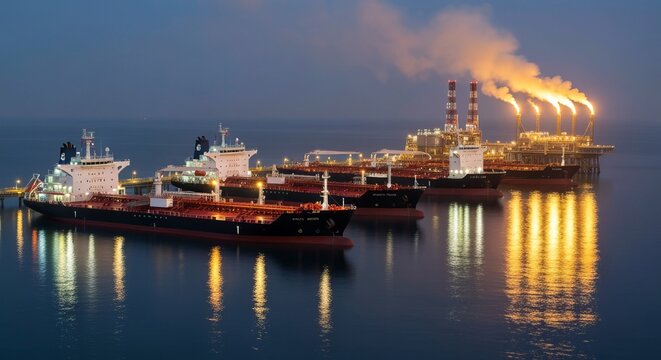 Tankers moored at an illuminated offshore terminal at dusk, loading arms, flares and mirrored water