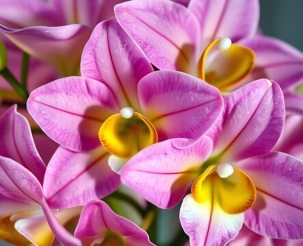 Orchid&eacute;e rose captur&eacute;e en macro extr&ecirc;me r&eacute;v&eacute;lant des gouttelettes dor&eacute;es sur ses p&eacute;tales d&eacute;licats, une image d'une grande finesse mettant en valeur la texture unique et la beaut&eacute; exotique de cette fle