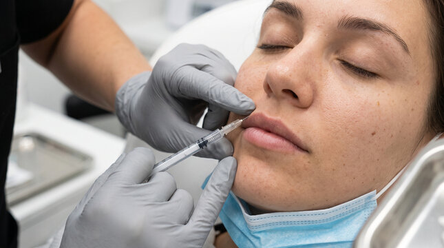 Cosmetologist performing lip augmentation injections in a modern aesthetic clinic.
