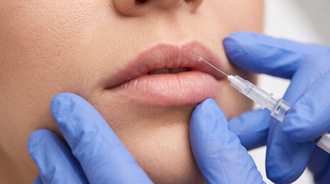 Cosmetologist performing lip augmentation injections in a modern aesthetic clinic.