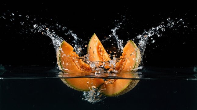 Cantaloupe melon slices splashing into dark water surface.
