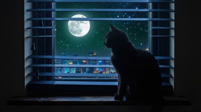 Cat silhouette watching full moon through window blinds