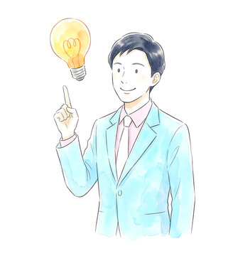 ビジネスマン ひらめき 発想 アイデア 解決 電球 水彩 イラスト