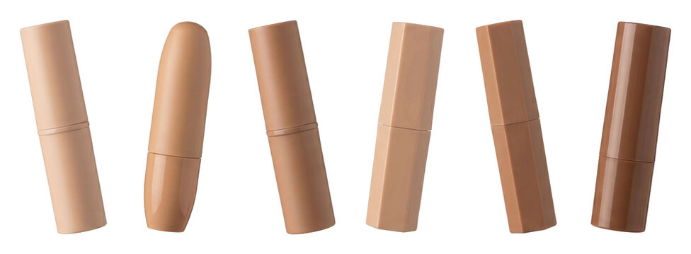 Collection of six makeup concealer sticks in a gradient of skin tone shades, featuring modern minimalist packaging with both round and hexagonal tube designs
