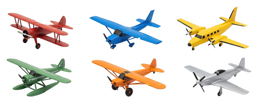 Colorful collection of six different toy airplanes including a biplane, seaplane, and twin-engine models shown from a high angle perspective in a neat grid layout