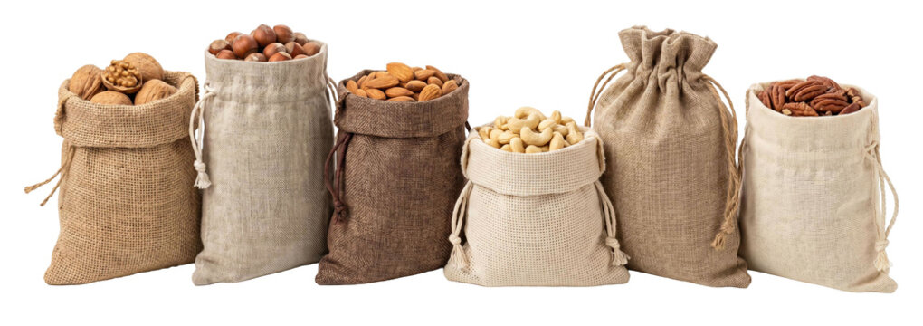 Various types of fresh organic nuts in rustic burlap bags, with walnuts, hazelnuts, almonds, cashews, and pecans displayed in a row as a healthy snack assortment