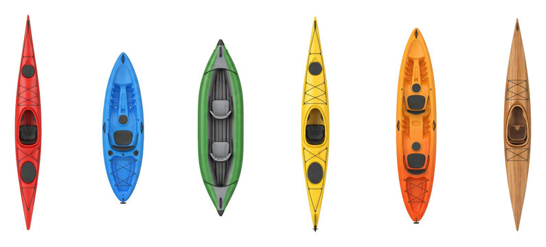 Collection of colorful kayaks and canoes of various types and materials, including single and tandem models for paddling, arranged in a straight line from a top-down aerial view