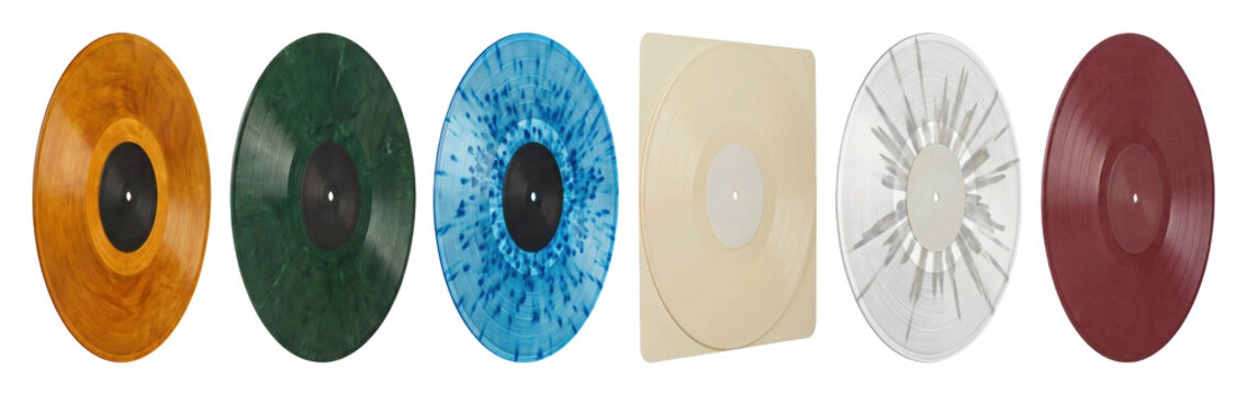 Six different colorful vinyl LP records showcasing a variety of pressing styles like marbled amber, green, blue splatter, cream, clear starburst, and solid maroon