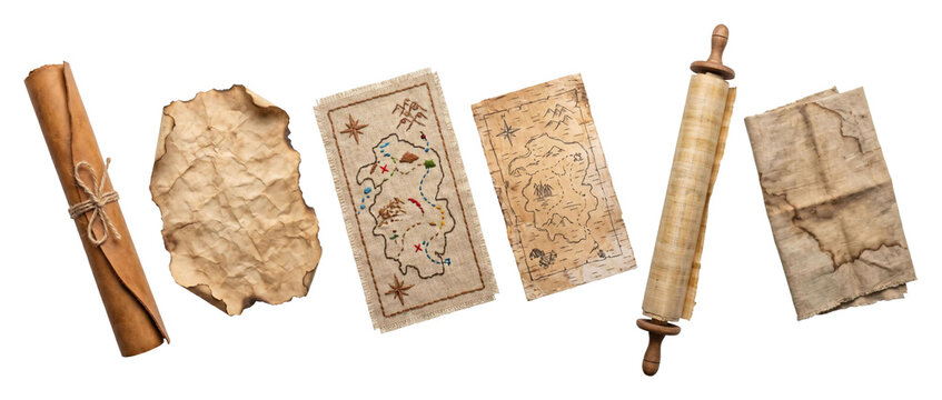 Collection of ancient treasure maps and scrolls including embroidered burlap, hand-drawn birch bark, aged parchment, and a rolled leather manuscript for a fantasy adventure