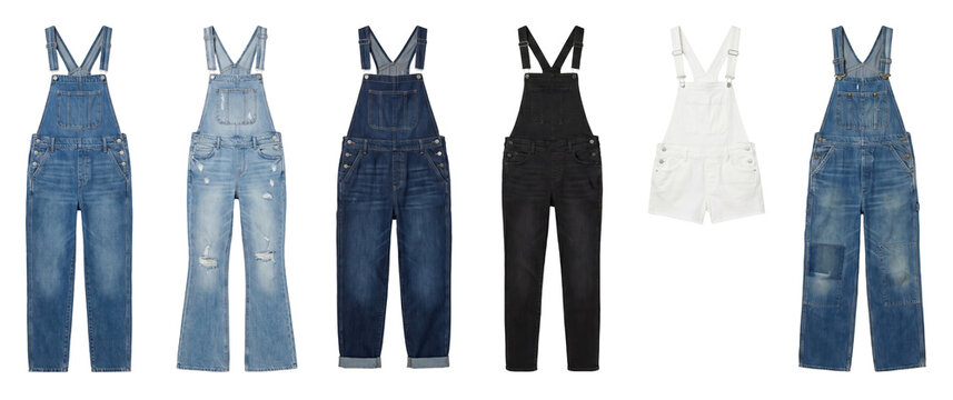 Collection of six different denim overalls in various styles and colors including blue, black, and white, showing a range of fashion choices for casual wear and workwear