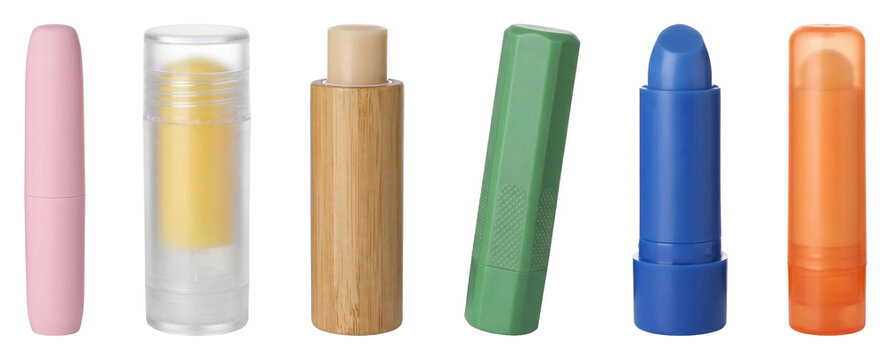 Collection of colorful lip balm tubes in various materials like plastic and bamboo, showcasing a diverse assortment of skincare products for lip care, hygiene, and protection