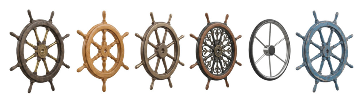 Collection of six different ship's wheels in a row, showcasing a variety of materials and designs including vintage wood, ornate metal, rustic blue, and modern steel