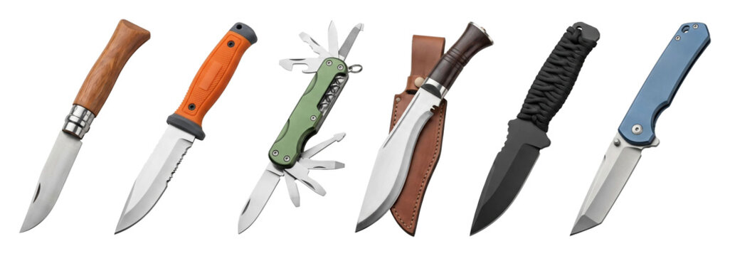 Collection of various knives and a multitool for survival and everyday carry, featuring folding pocketknives, fixed blades with paracord and wood handles, and a utility tool