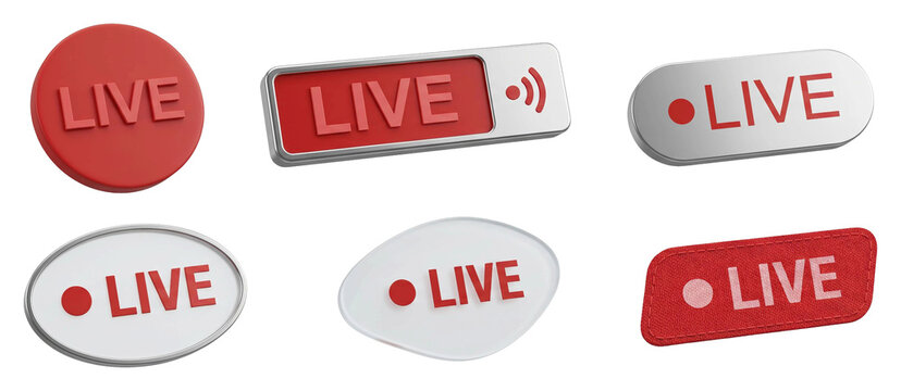 Set of six different 3D live buttons and icons for streaming media in various shapes and materials like plastic, metal, and fabric