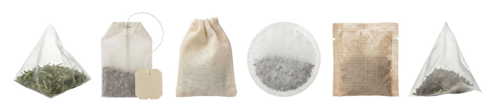 Assortment of different tea bags showcasing various shapes and materials, including pyramid mesh, round paper, rectangular with tag, and a cloth drawstring pouch for brewing