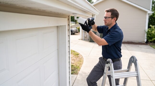 Security worker installing garage camera, residential driveway surveillance setup, professional exterior monitoring service for home entry protection