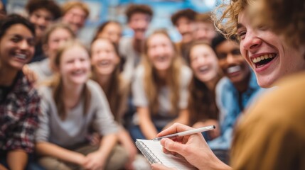 Obraz premium A close-up low angle shot of a therapist's hands holding a notepad, with the blurred background showing a group of teenagers laughing together during a breakthrough moment