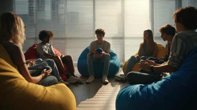 A circle of beanbag chairs in a modern therapy room, a diverse group of adolescents sitting comfortably, one boy is speaking while holding a stress ball