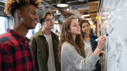 Obraz premium Therapist and diverse teenagers standing around a whiteboard brainstorming goals, writing with markers, collaborative energy, bright office
