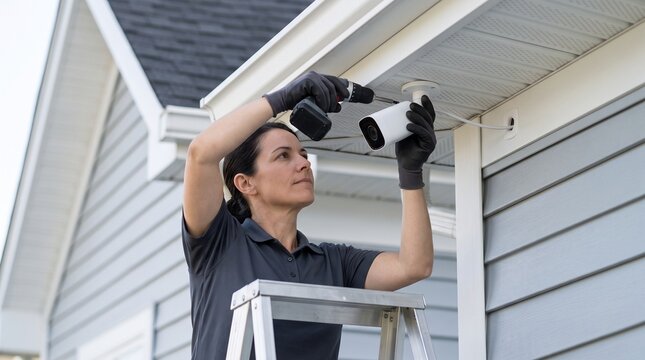 Security installer mounting eave camera, residential roofline surveillance hardware, professional home monitoring installation with neat cable routing