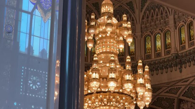 24-carat gold plated chandelier with Swarovski crystals inside Sultan Qaboos Grand Mosque in Muscat Oman