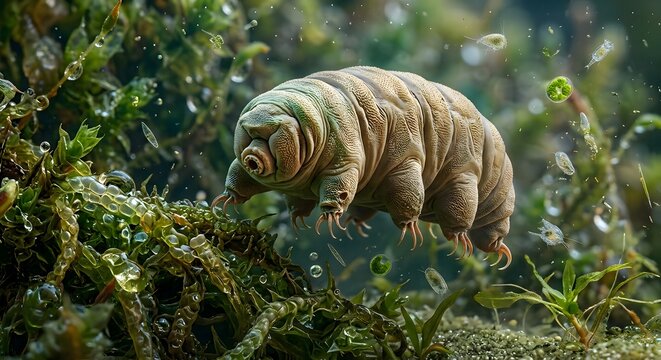 Detailed macro photography of a tardigrade water bear on moss surface, electron microscope style with vibrant natural lighting, digital AI illustration