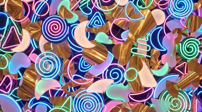 modern art composition, a vibrant, maximalist abstract composition filled with overlapping neon shapes