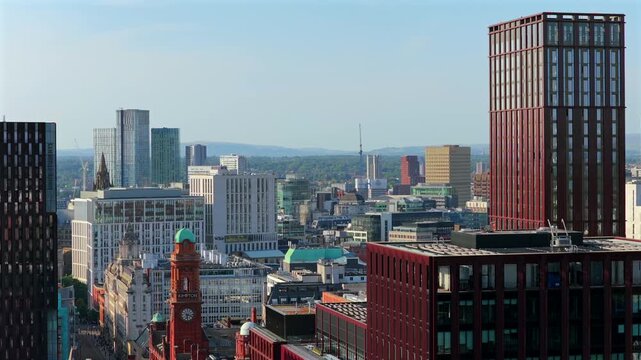 Aerial Video of Manchester Cityscape and Oxford Road Skyline