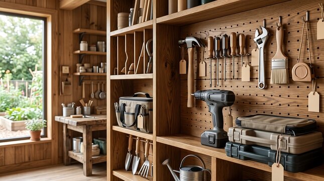 Organized wooden workshop with various hand tools and power drills on a pegboard wall