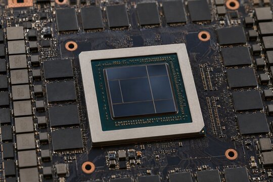 Macro close up view of an advanced CPU microchip installed on a computer motherboard