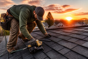 Fototapeta premium A roofer is working on a shingled roof against the backdrop of a sunset.