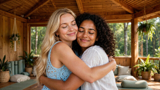 Two women sharing a warm hug at home