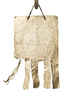 Ancient Tattered Cloth Banner Hanging from Wooden Pole.