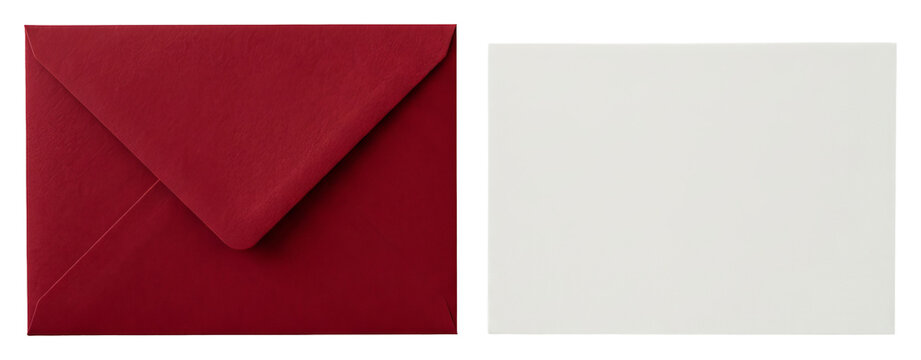 A deep red envelope and a blank white card side by side.
