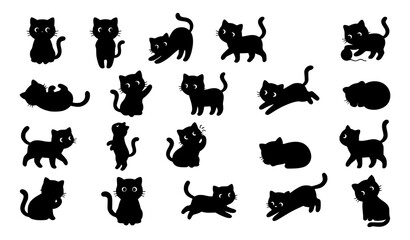 Fototapeta premium Cute Black Cat Flat Vector Set with Big Eyes and Playful Poses for Children's Design